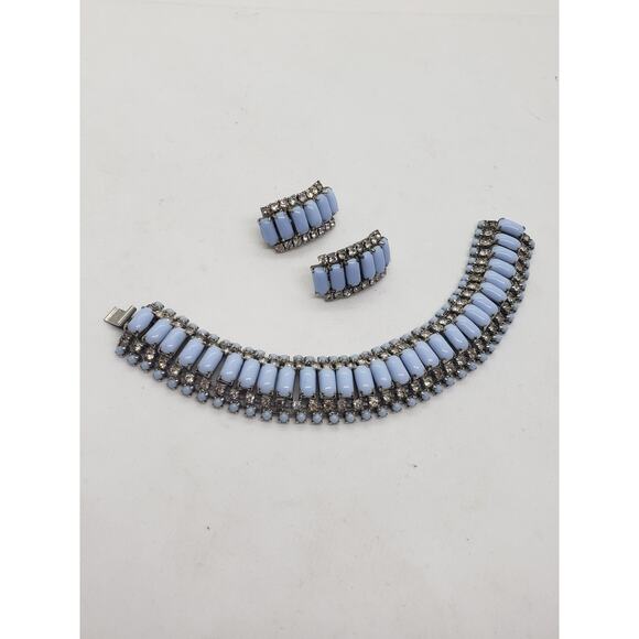 Vintage Blue Milk Glass Rhinestone Bracelet Clip On Earrings Set 1950s Milkglass - Picture 3 of 6